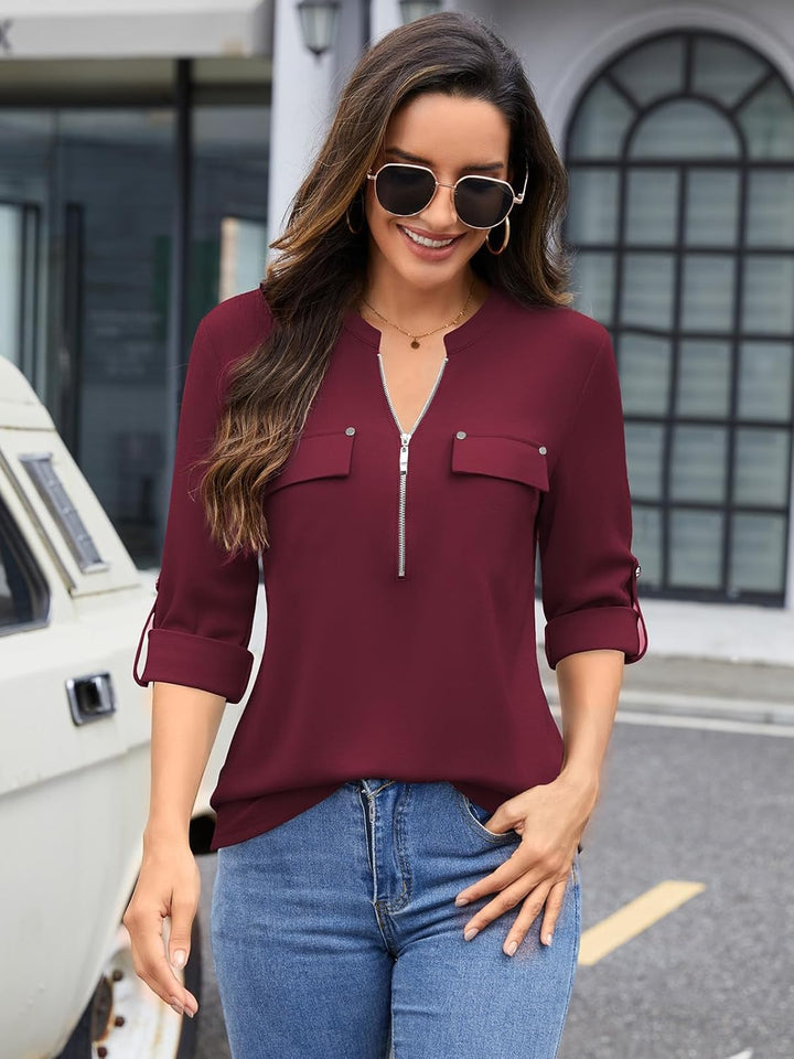 Siddhe Damen V-Ausschnitt Bluse 3/4 Ärmel Tunika Reissverschluss Langshirt Langarm Hemd Tops T-Shirt