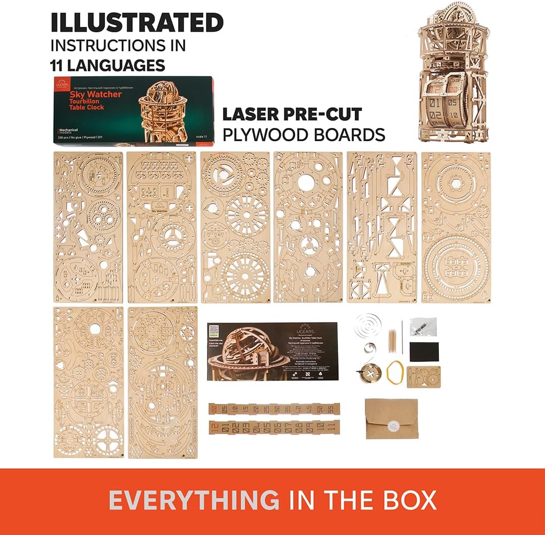 UGEARS Sky Watcher Schreibtischuhr – Vatertagsgeschenk, astronomische Tischuhr, Holzmodellbausätze f
