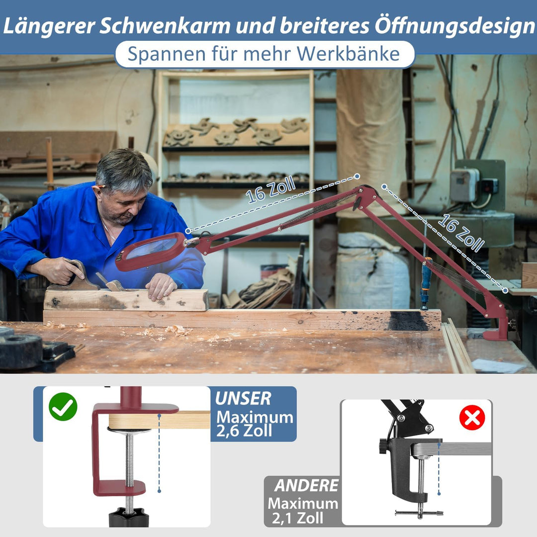 Veemagni 10X Echtes Glas Rechteckige Lupe mit Licht und Klemme, 5 Farbmodi Stufenlos Dimmen, 2 * 16
