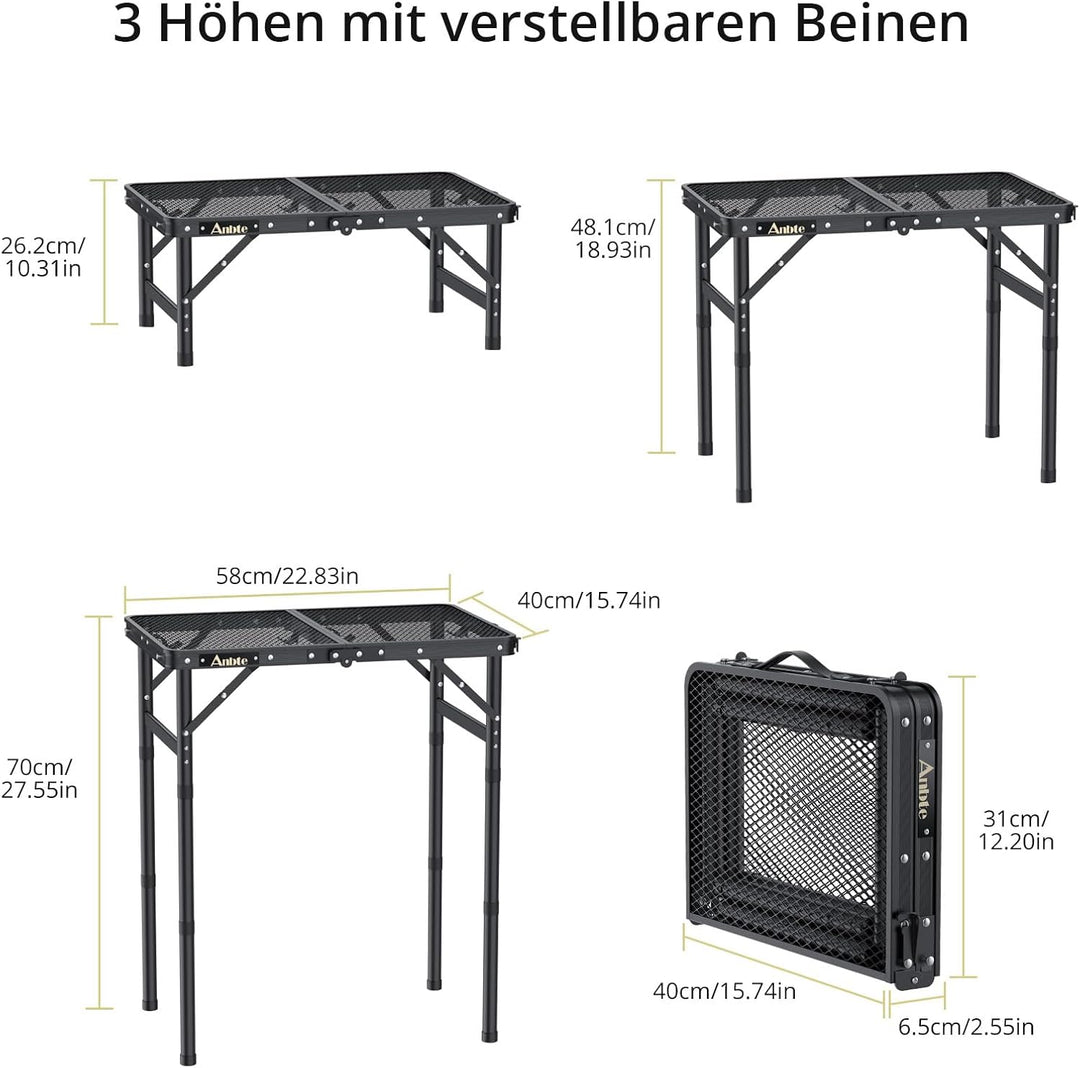 Anbte Campingtisch Klapptisch mit 3 Verstellbare Höhe Falttisch aus Aluminium 60 * 40cm Koffertisch