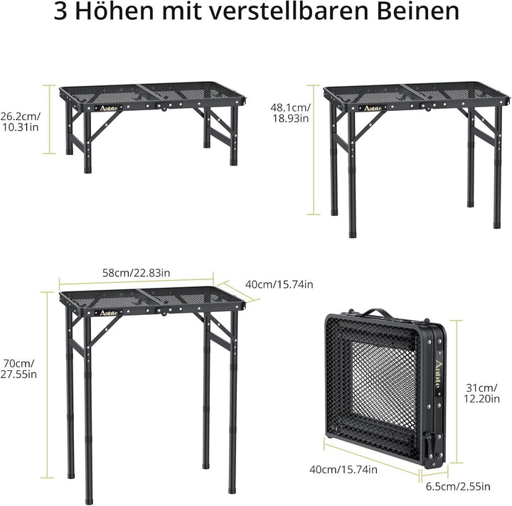 Anbte Campingtisch Klapptisch mit 3 Verstellbare Höhe Falttisch aus Aluminium 60 * 40cm Koffertisch