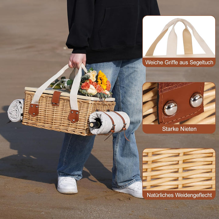 Picknickkorb-Set mit Mini-Klapptisch und Besteck-Set, Picknickkorb für 4 Personen mit kühltaschen, F