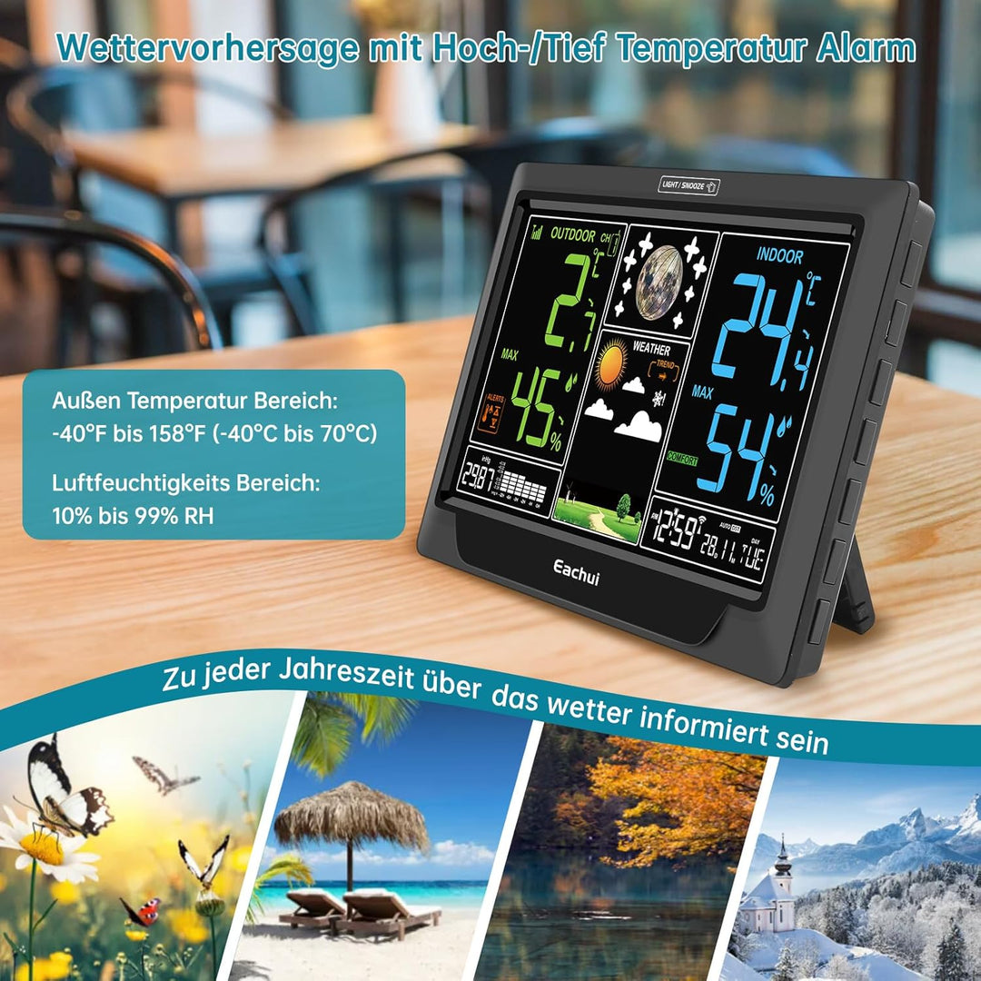 Eachui Wetterstation Funk mit Aussensensor Grosses Farbdisplay Funkwetterstation mit Wettervorhersag