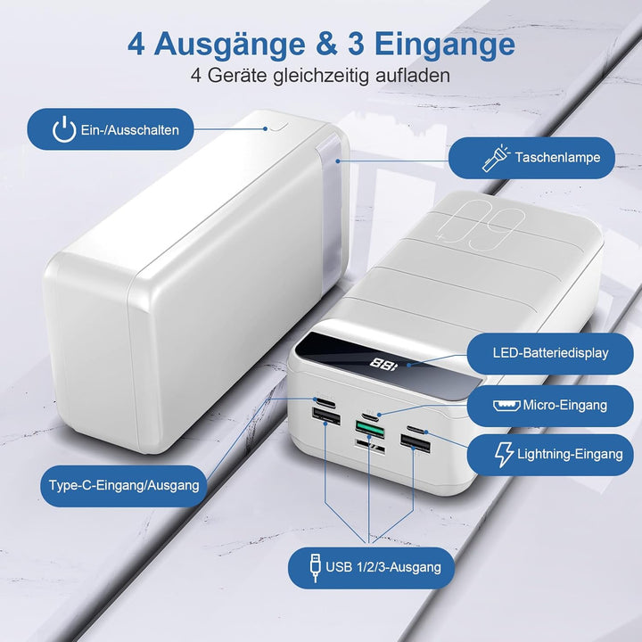 60000mAh Power Bank 22,5W Powerbank PD USB-C Schnellladefunktion Externe Akku mit 4 Ausgänge und 3 E