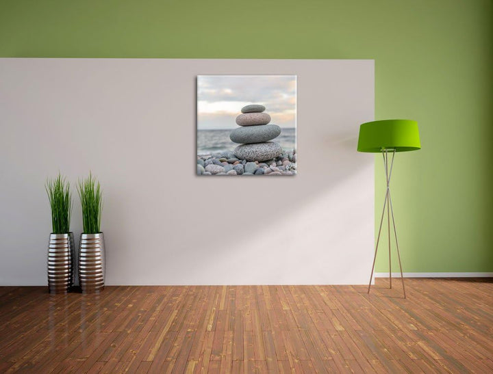 Steinturm am Strand, Format: 70x70 auf Leinwand, XXL riesige Bilder fertig gerahmt mit Keilrahmen, K