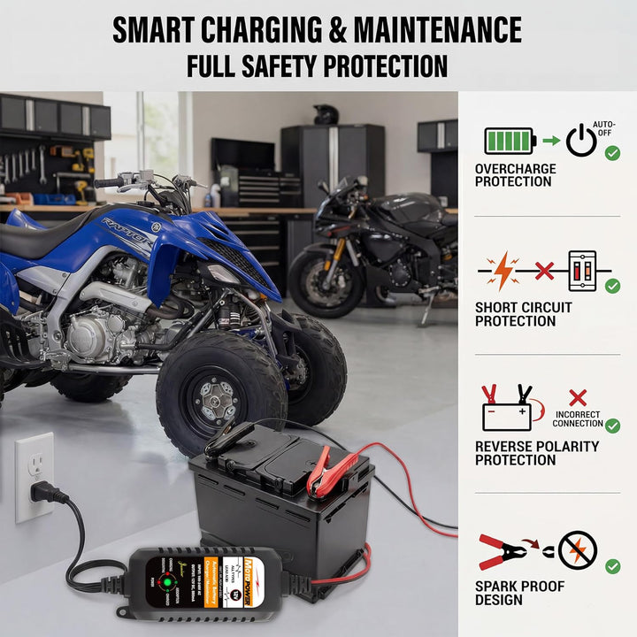 MOTOPOWER MP00205A 12V 800mA Fully Automatic Battery Charger/Maintainer for Cars, Motorcycles, ATVs,