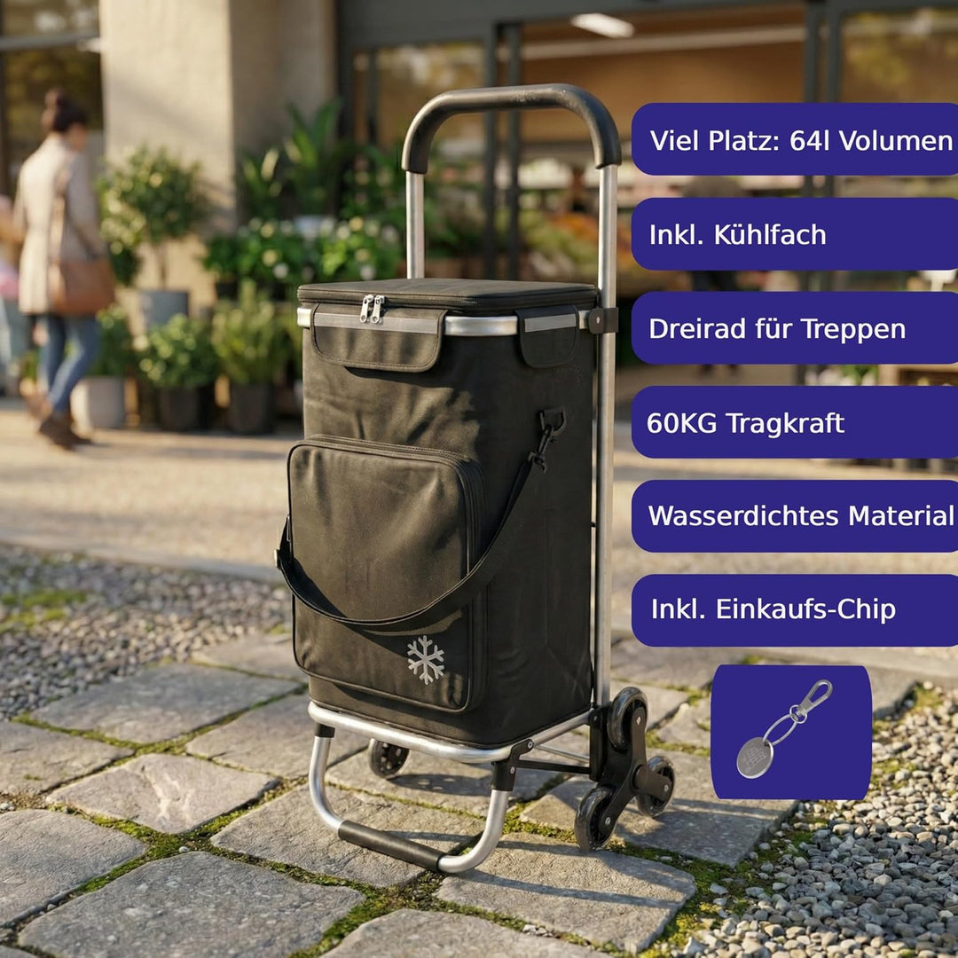 Einkaufstrolley Treppensteiger 64L gross, Einkaufstasche mit Dreirad klappbar, Einkaufswagen bis 60k