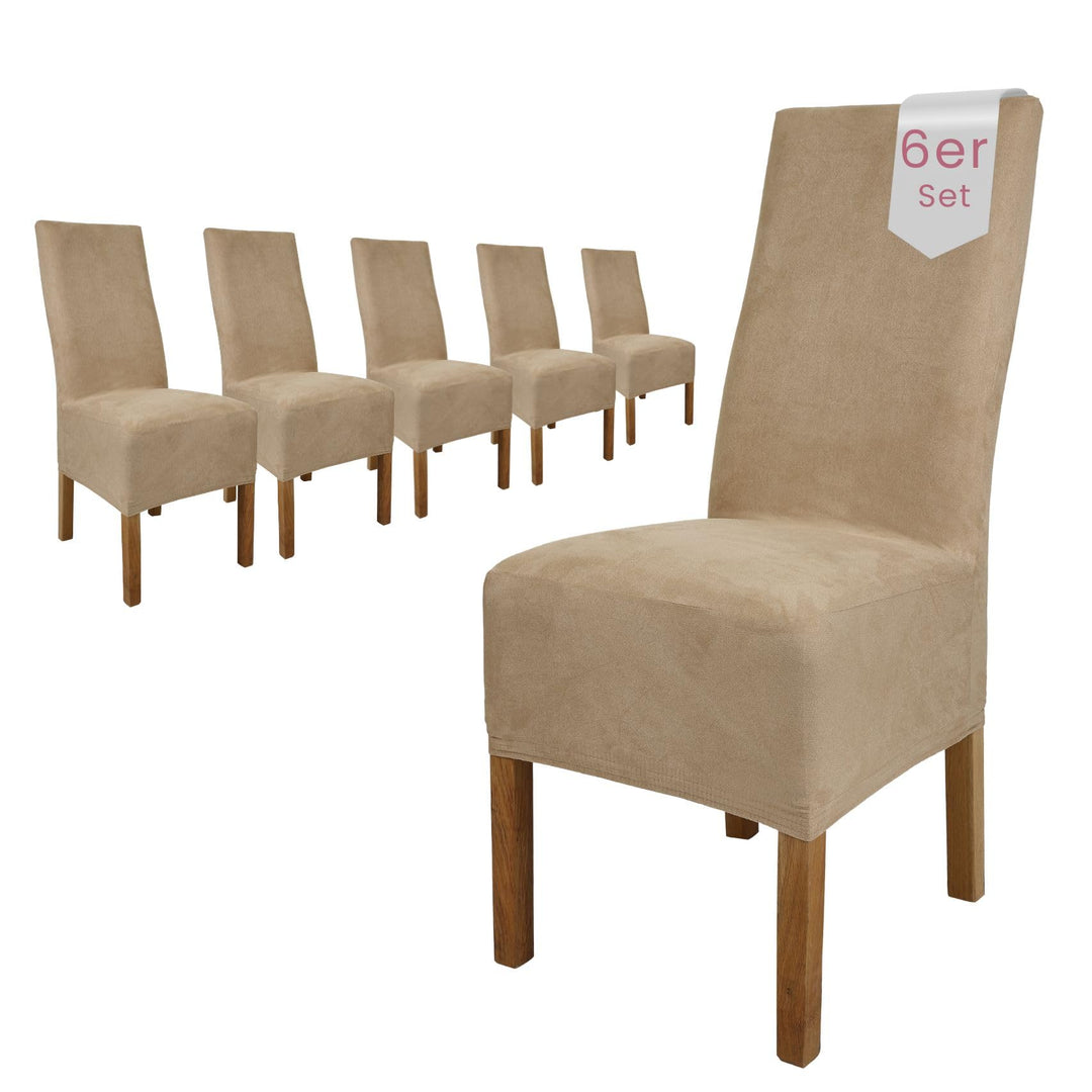 SCHEFFLER-Home Stuhlhussen 6er Set Leon Beige-Stein/elastische Wildleder Hussen für Stühle/Robustes