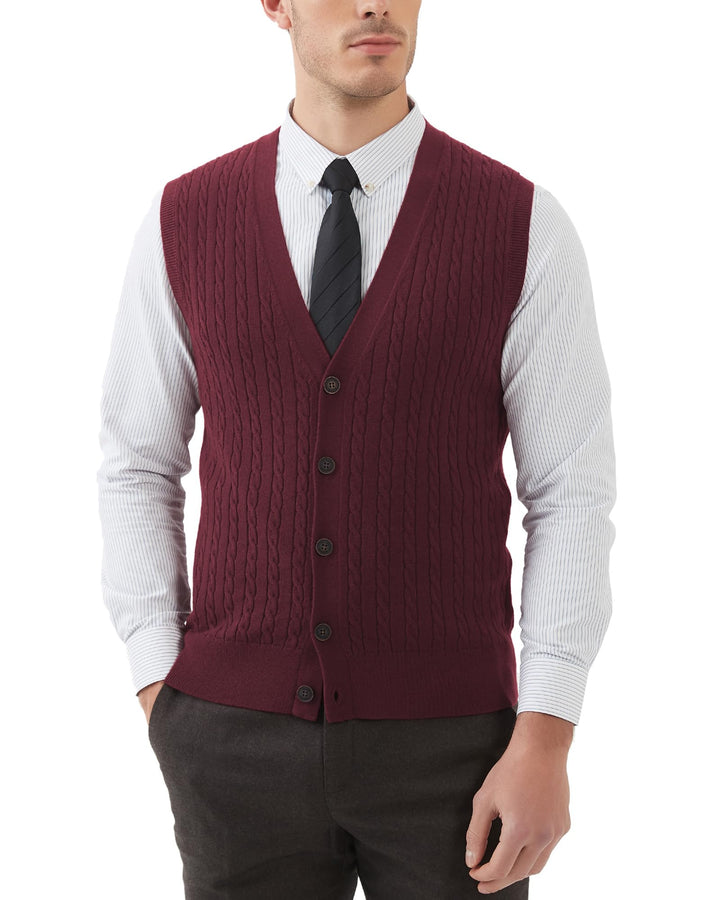 Kallspin Herren Strickweste Ärmellos Cardigan Wollmischung mit Zopfmuster und Knöpfen L Burgund, L B