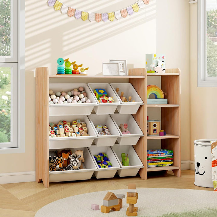 MALLBEST Bücherregal Kinder aus Massivholz – Kinderregal mit 4 Ebenen, 9 Aufbewahrungsboxen und 3 Fä