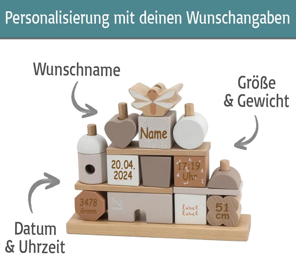 Steckspiel Haus beige personalisierbar mit Name und Geburtsdaten Baby Geschenk mit Gravur, Beige