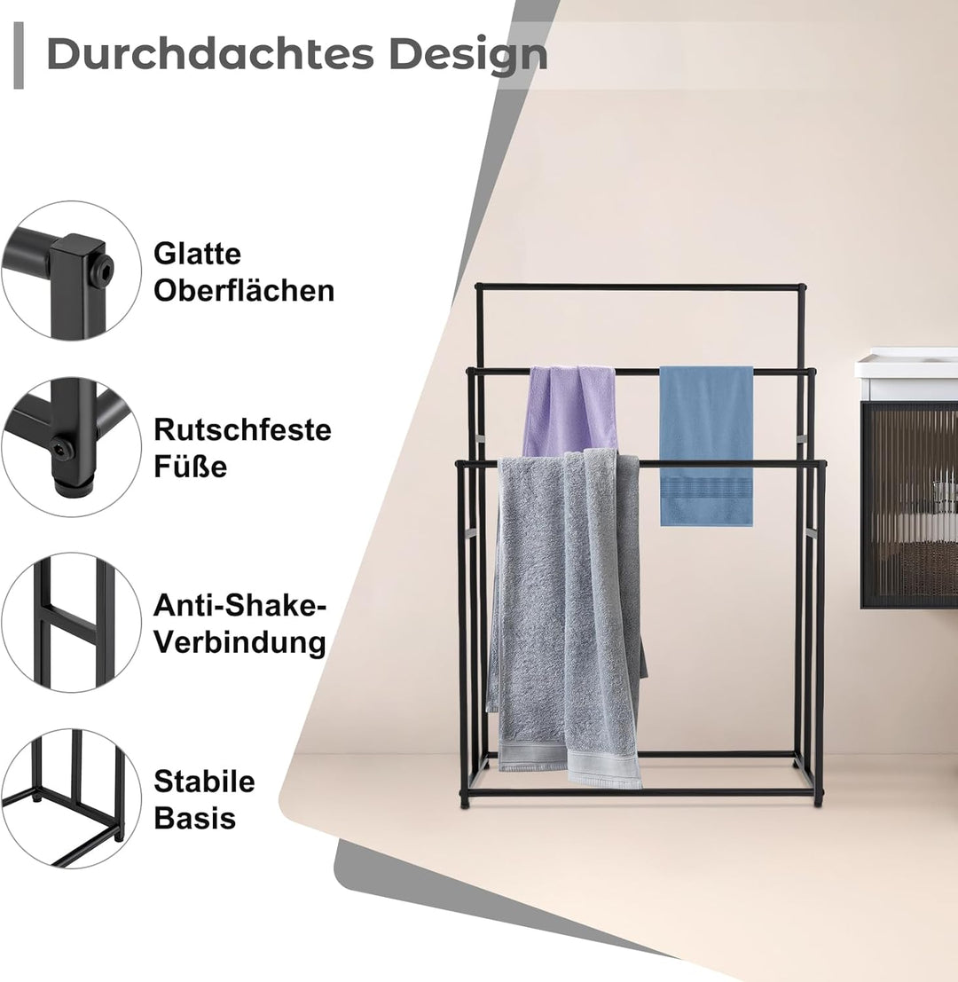Handtuchständer 3-Etagen Schwarz, 75cm Breite Freistehender Handtuchhalter mit 3 Stangen, Bis 25kg B