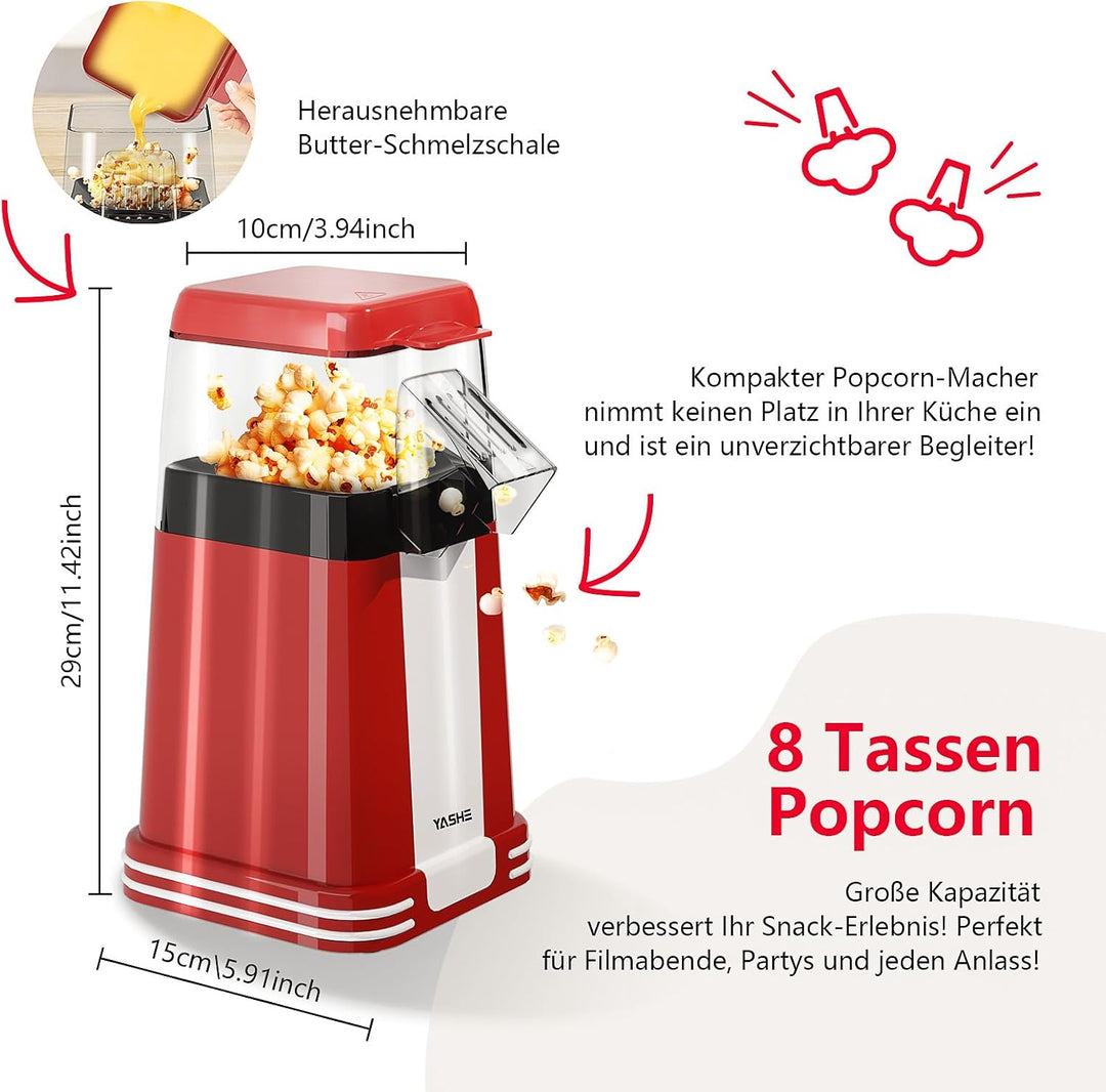 YASHE Popcornmaschine Retro, 1200W Heissluft-Popcornmaschine mit Messbecher, One-Touch, Ölfrei, Perf