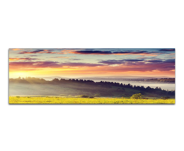 Paul Sinus Art Panoramabild auf Leinwand und Keilrahmen 150x50cm Ukraine Wald Wiesen Wolken Morgenso
