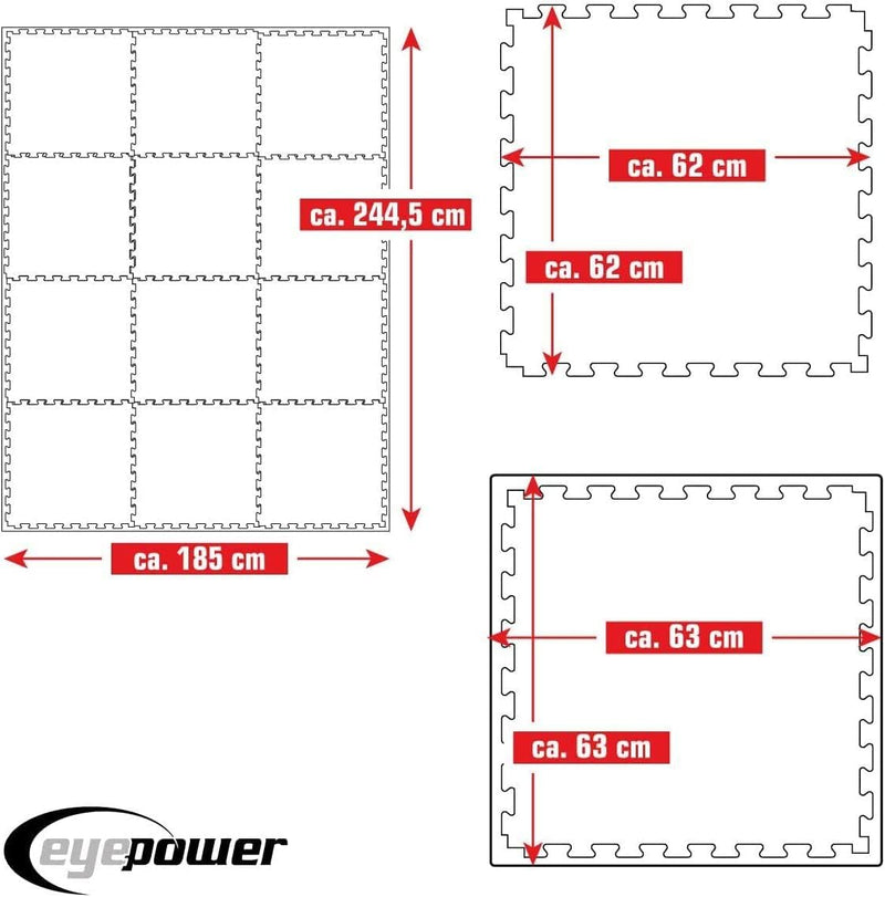 eyepower 4.8qm Profi Kampfsportmatte Dicke 2cm - 12 Judo Matten für Zuhause 63x63cm - Tatami Matte H