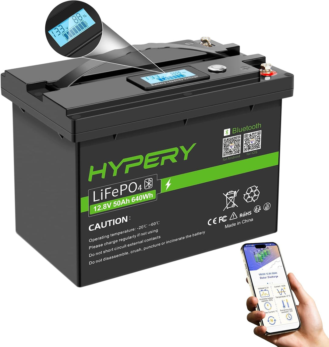 Smart LiFePO4 Akku, 12V 50AH Lithium Batterie mit Bluetooth zur Überwachung der Batterie SOC Daten,