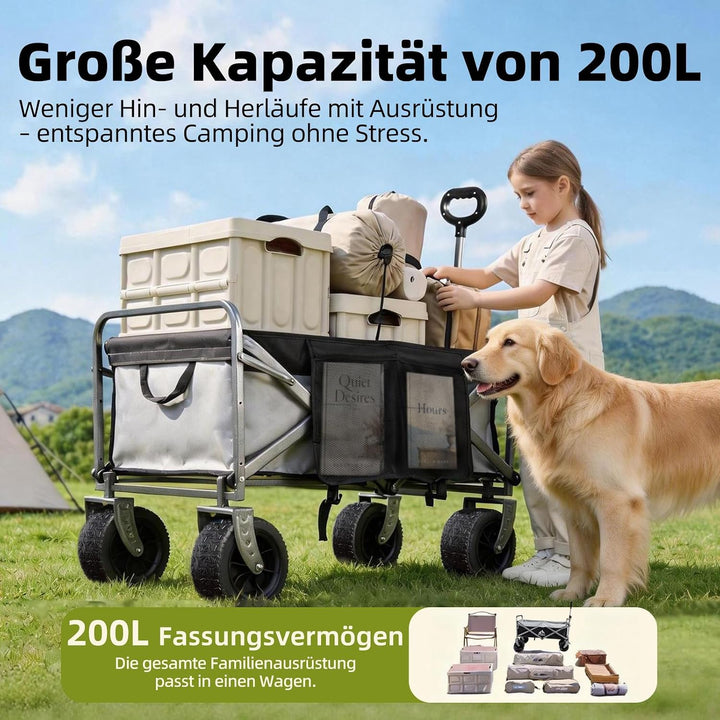 Bollerwagen Faltbar – Tragkraft 272 kg, mit Bremsen, Getränkehalter, Verstellbarem Griff, All Terrai
