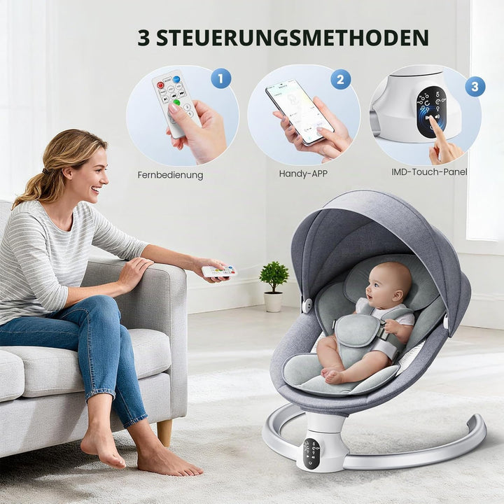 Bluetooth Elektrische Babyschaukel, Upgrade 5-Punkte Geschirr Elektrische Babywippe mit 5 Geschwindi