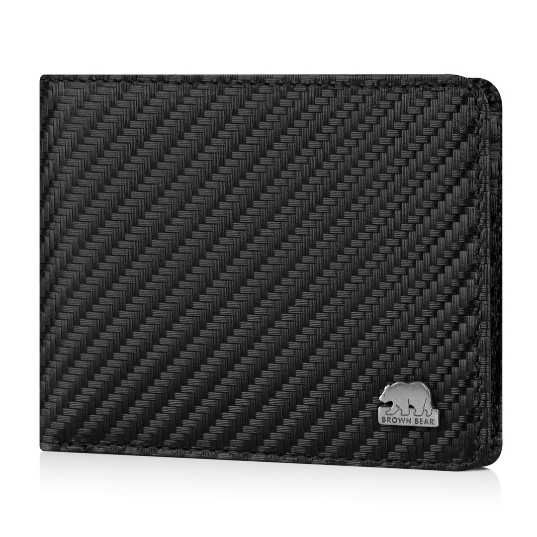 BROWN BEAR Geldbörse Herren Leder mit Münzfach gross | Schwarz Carbon | RFID-Schutz | Echtleder Port
