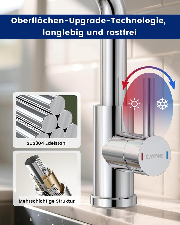 DAYONE Chrom Küchenarmatur Ausziehbar mit Brause, SUS304 Edelstahl Hochdruck Wasserhahn Küche Auszie