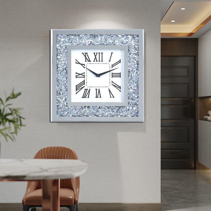 Decor Crushed Diamond Spiegel Wanduhr mit Kristalldekorationen für Zuhause (silberfarben, quadratisc