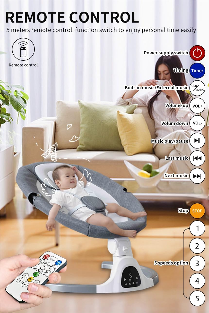 Bluetooth-Baby-Schaukel für Säuglinge, 5 Geschwindigkeit Musik-Lautsprecher mit 12 voreingestellten