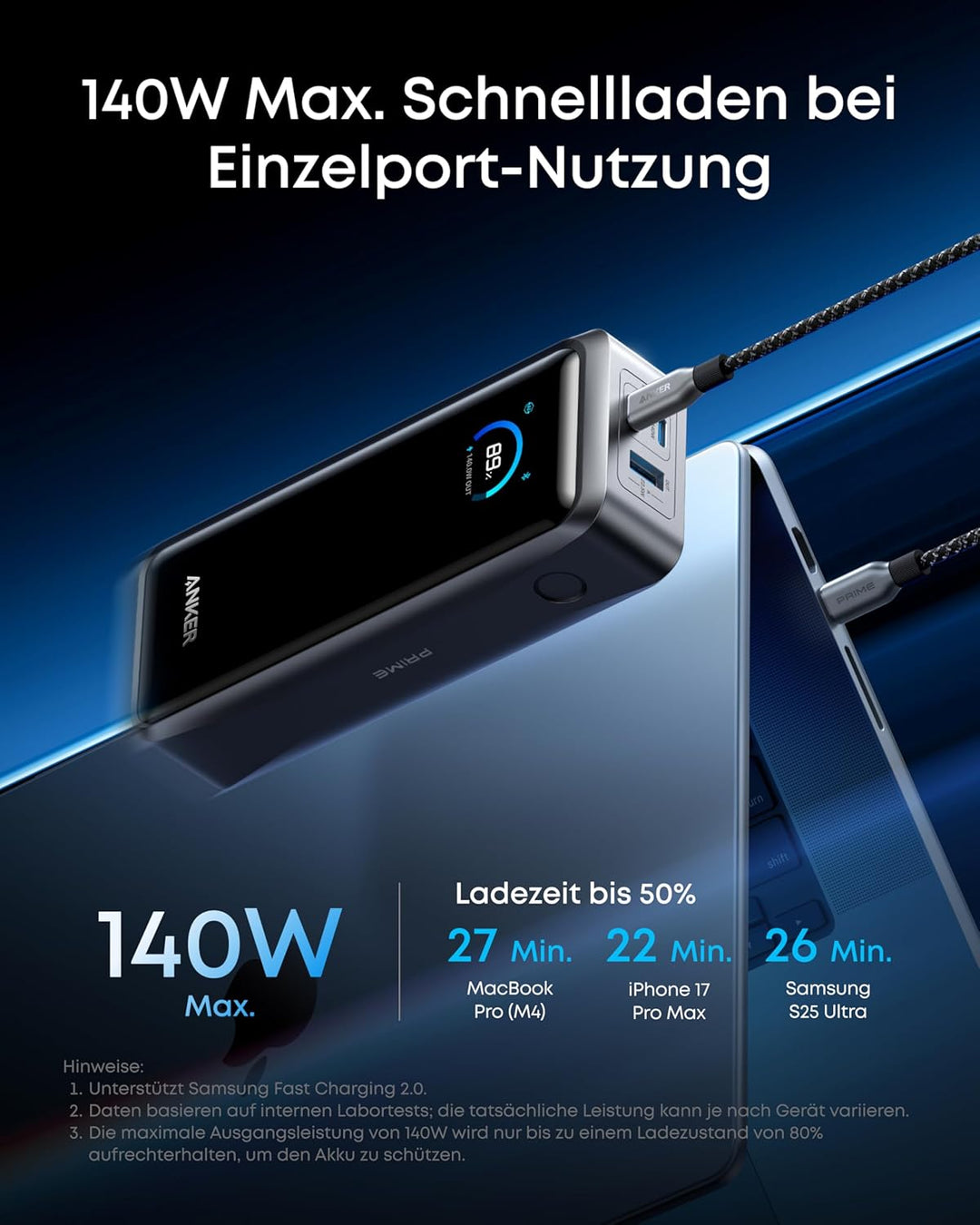 Anker Prime Powerbank, 26250mAh, tragbares Ladegerät mit 3 Ports und 300W Ausgang, bidirektionales L