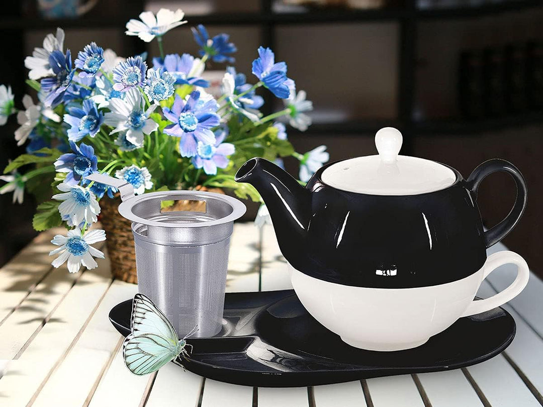 tea4chill Buchensee Tea for One mit Sieb Lena 500ml aus Crystal Bone China Porzellan in schwarz. Tee