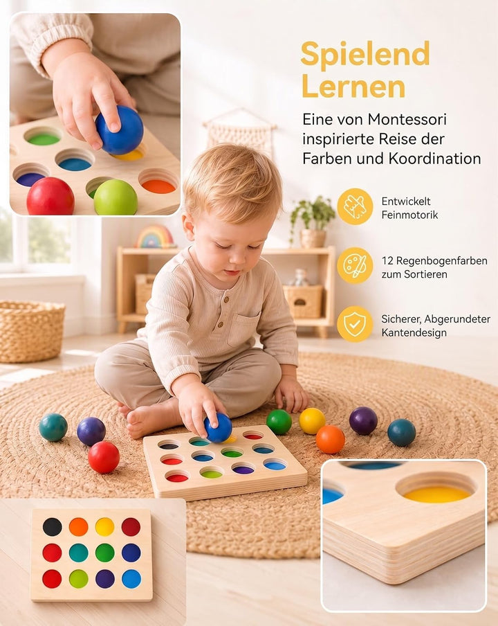 BESTonZON Montessori Holzspielzeug Farbsortierung Lernspiel für Kleinkinder, Regenbogen Sortierbrett