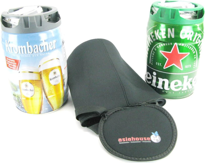 Bierfasskühler 5L aus 5-6mm dickem bestem Neopren mit Tragegriff und Reissverschluss (Schwarz), Schw