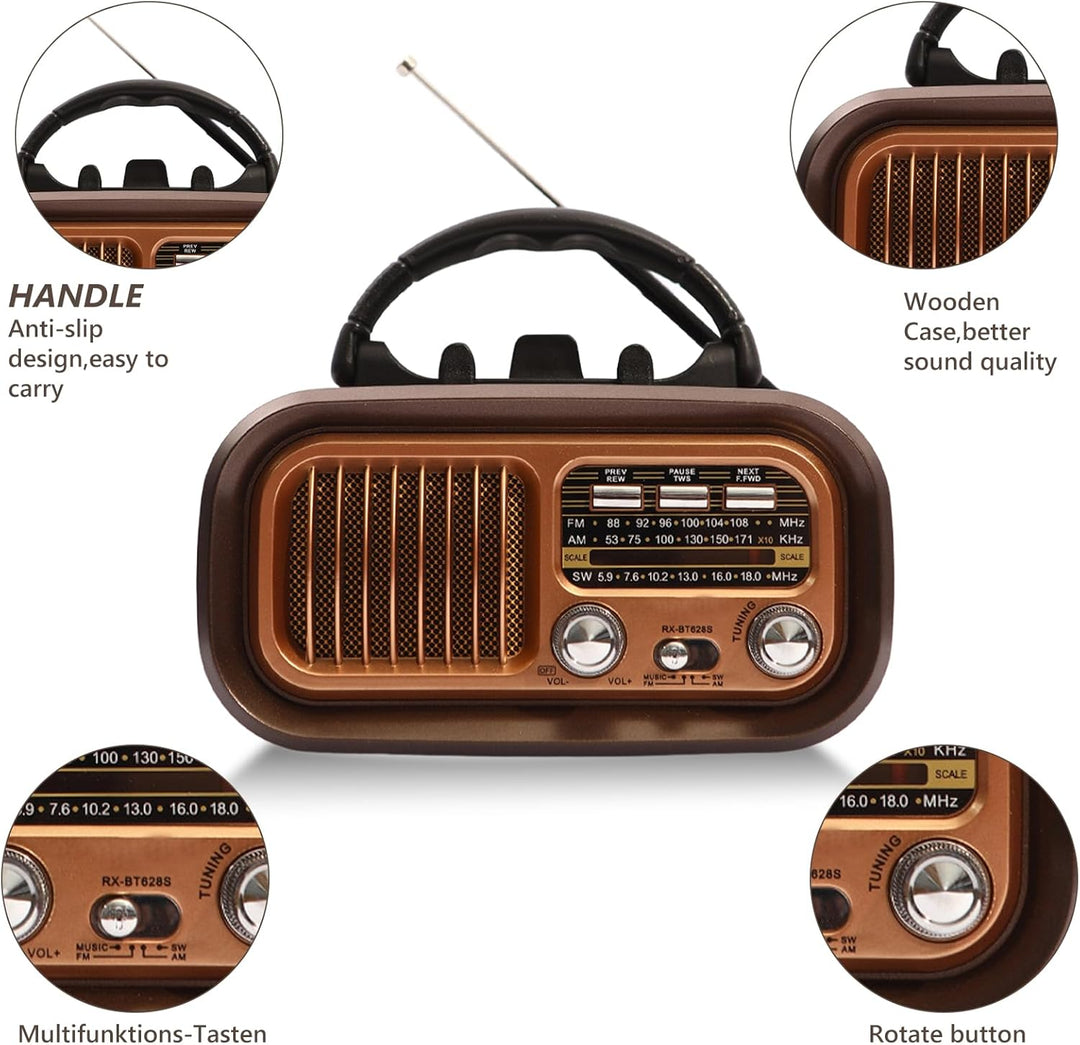 Retro Radio mit Bluetooth, AM/FM/SW Retro Radio Klein Solar Tragbarer Bluetooth Lautsprecher mit 120