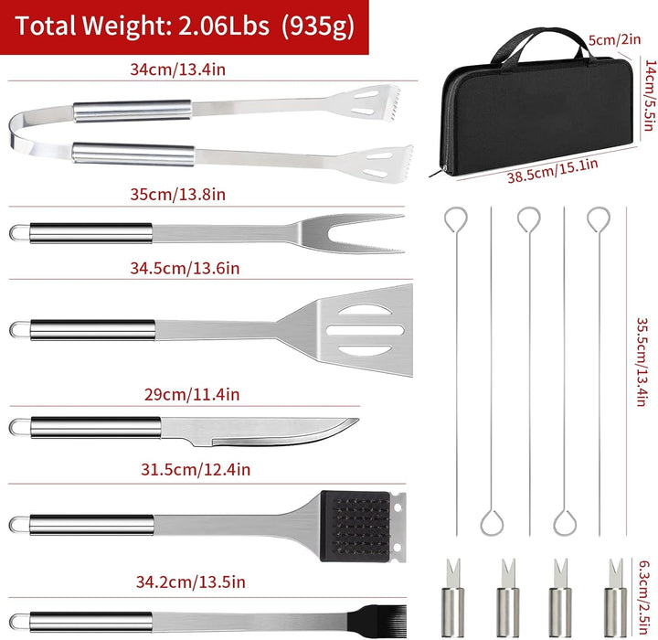 JUSTHERE 15 Stücke Grillbesteck Set, Edelstahl Grillzubehör BBQ Utensils, Professionelle Grillset mi