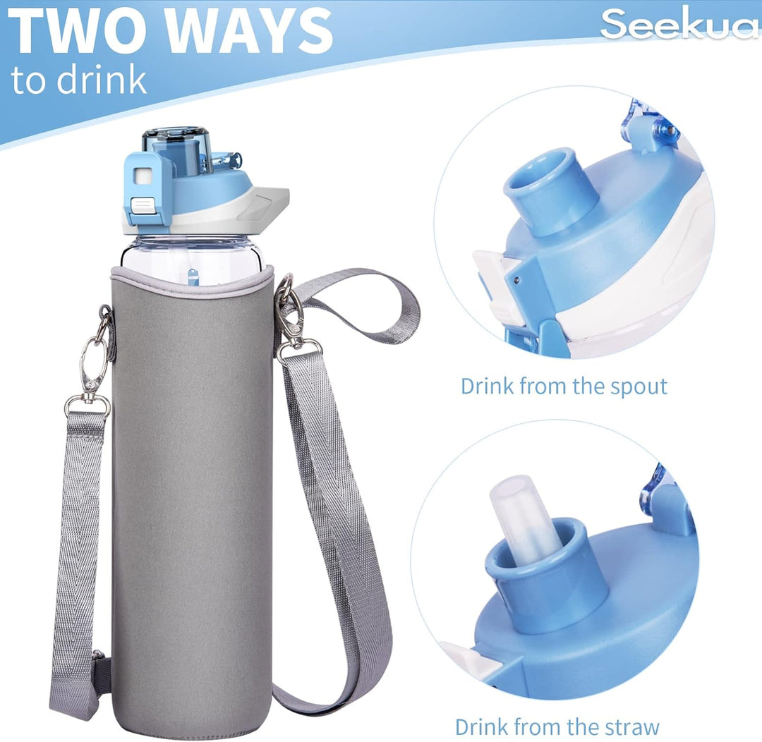 Seekua 1l Sport Trinkflasche Glas Flasche mit Strohhalm & Zeitmarkierung auslaufsicher bpa frei 1 li