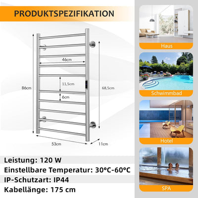 RELAX4LIFE Elektrischer Badheizkörper 860 x 530mm Handtuchwärmer mit LCD-Anzeigebildschirm Timer-Fun