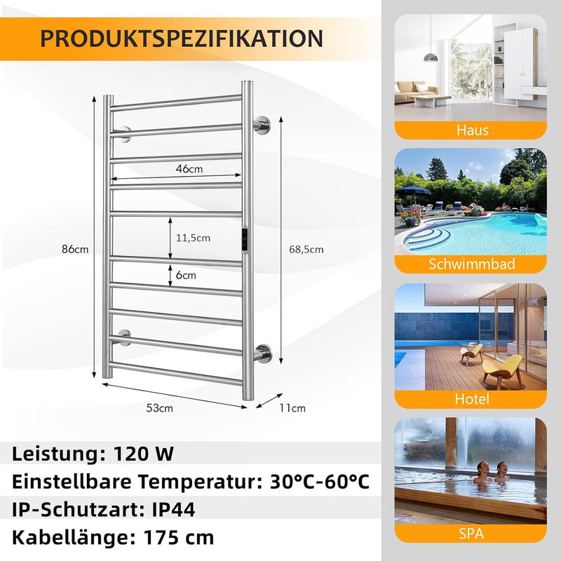 RELAX4LIFE Elektrischer Badheizkörper 860 x 530mm Handtuchwärmer mit LCD-Anzeigebildschirm Timer-Fun