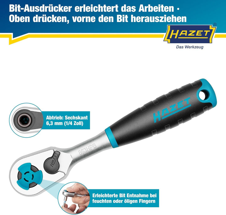 HAZET HiPer Feinzahn-Umschaltknarre 863HPB für Bits | Abtrieb: Sechskant 6,3 mm (1/4 Zoll), kleiner