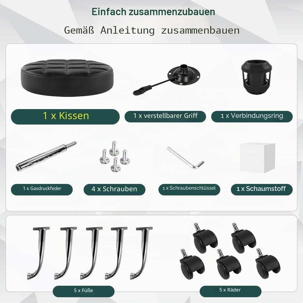 BFTOU Schwarzer klassischer Drehhocker mit Rad für Salon, Arbeit, Zuhause, SPA, Geschäft, höhenverst