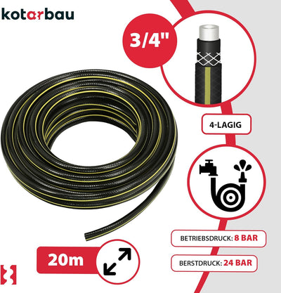 KOTARBAU® Gartenschlauch 3/4" 20m 4-lagig Verstärkt Schwarz-Gelb Professionell zum Giessen von Pflan