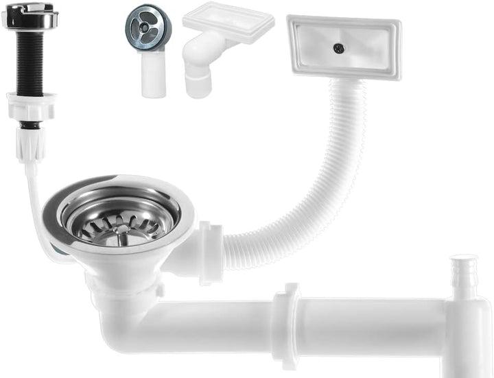 Manestein Ablaufgarnitur, Küchenspülenablauf-Set, Siphon mit Überlauf, mit Auto Spülen-Siebkorbventi