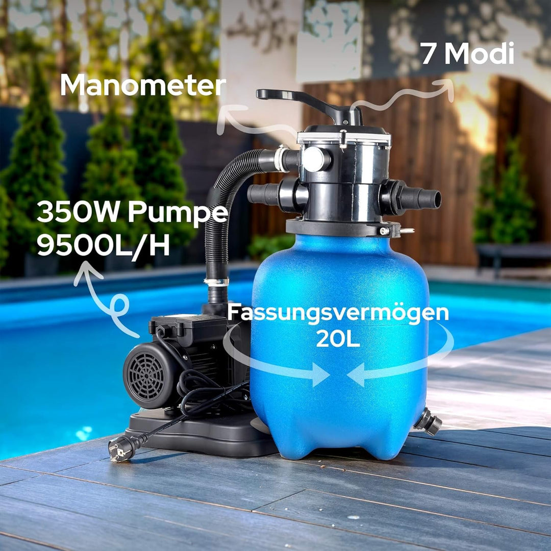 Arebos Sandfilteranlage mit Pumpe inkl. 700g Filterbälle | Blau | 400W | 10.200 L/h | Tankvolumen bi