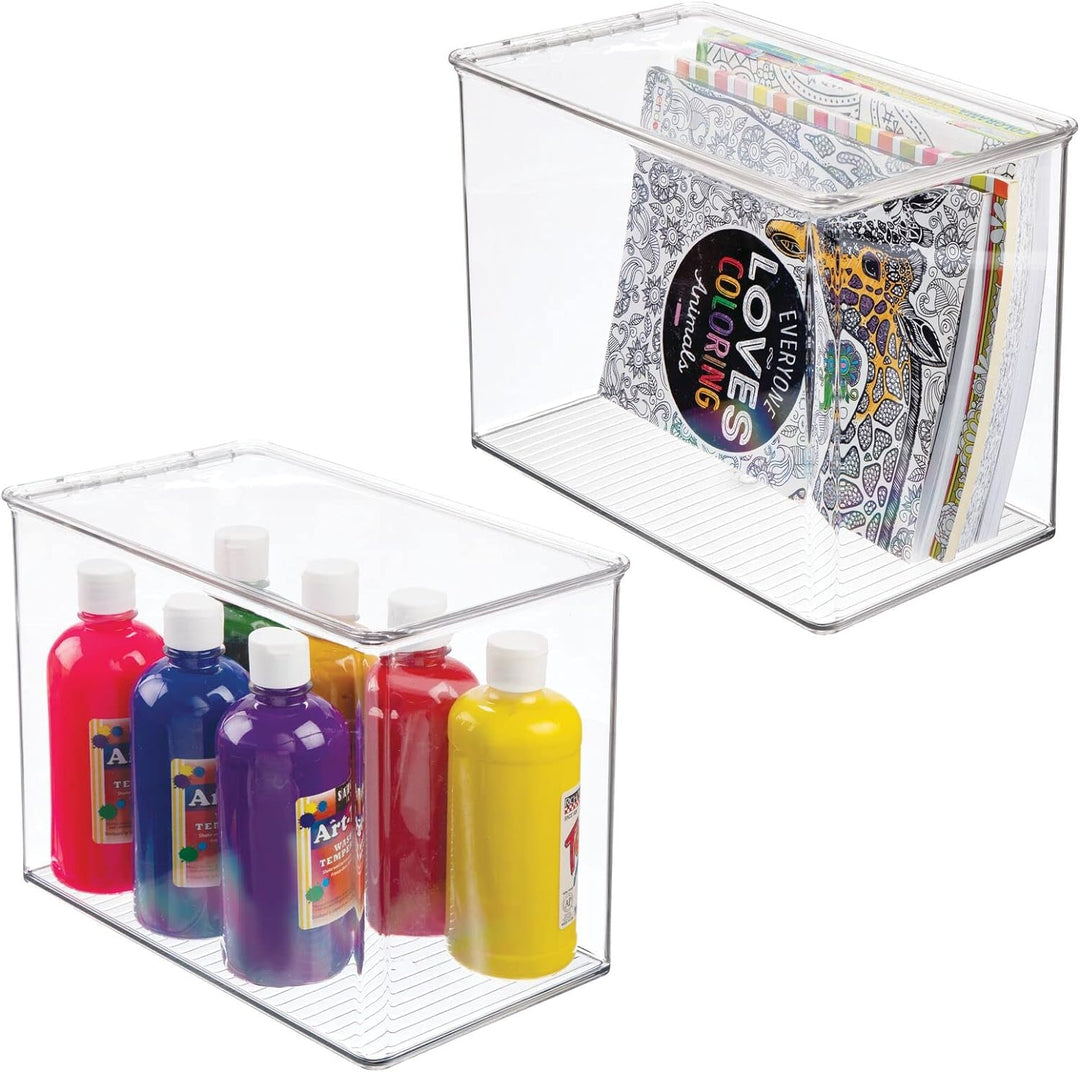 mDesign stapelbare Aufbewahrungsbox aus Kunststoff – Regalbox mit Klappdeckel für Stifte, Basteluten
