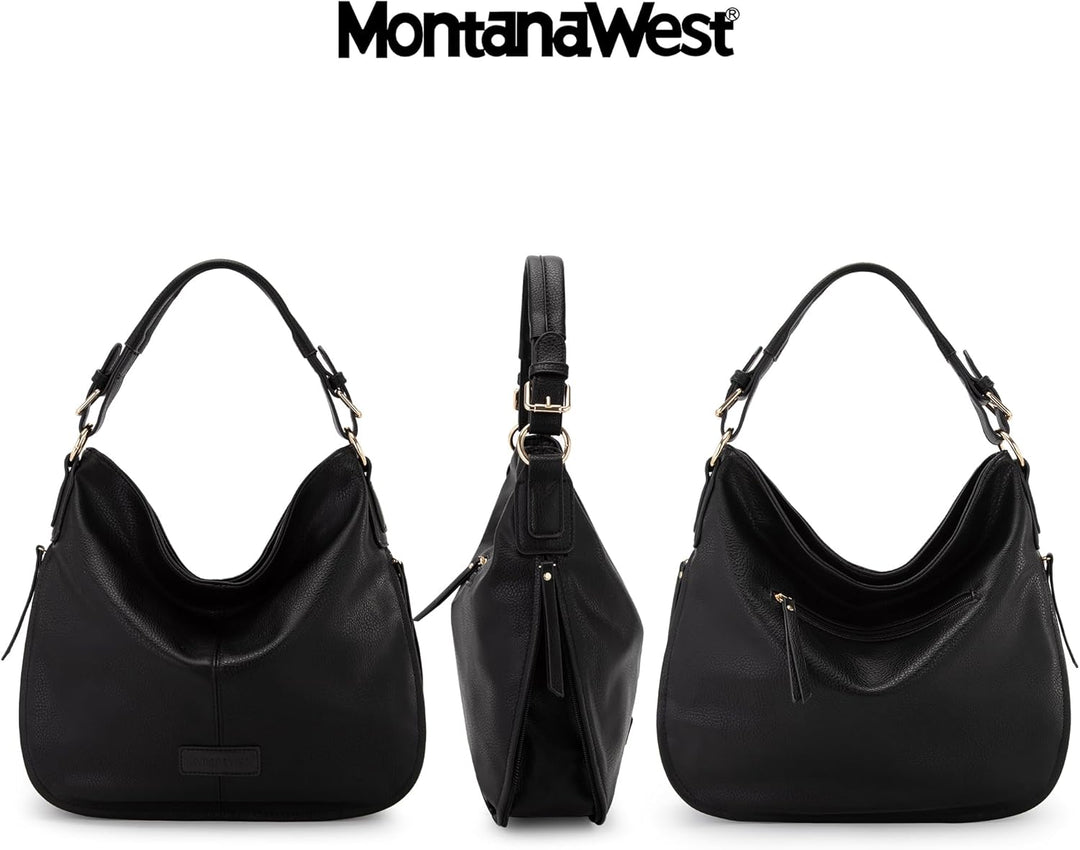 Wrangler by Montana West Ledertasche, Hobo-Schultertasche für Damen, grosser Tragegriff Schwarz, Sch