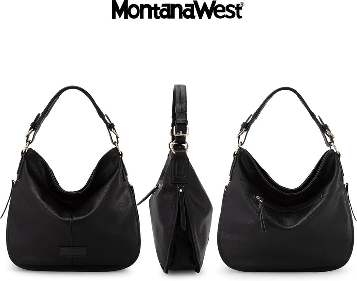 Wrangler by Montana West Ledertasche, Hobo-Schultertasche für Damen, grosser Tragegriff Schwarz, Sch