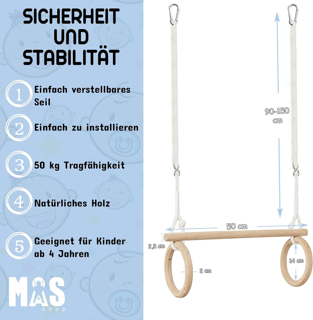 MOAS SHOP® Trapez Schaukel - Turnringe Kinder, Buchenholz, Verstellbare Seillänge, 50 kg Kapazität -