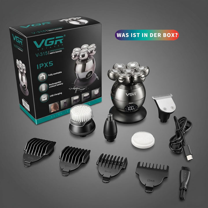 VGR 315 Glatzenrasierer Herren, 6 in 1 Glatzenrasierer Mit Barttrimmer, Nasenhaartrimmer Und Kopfras