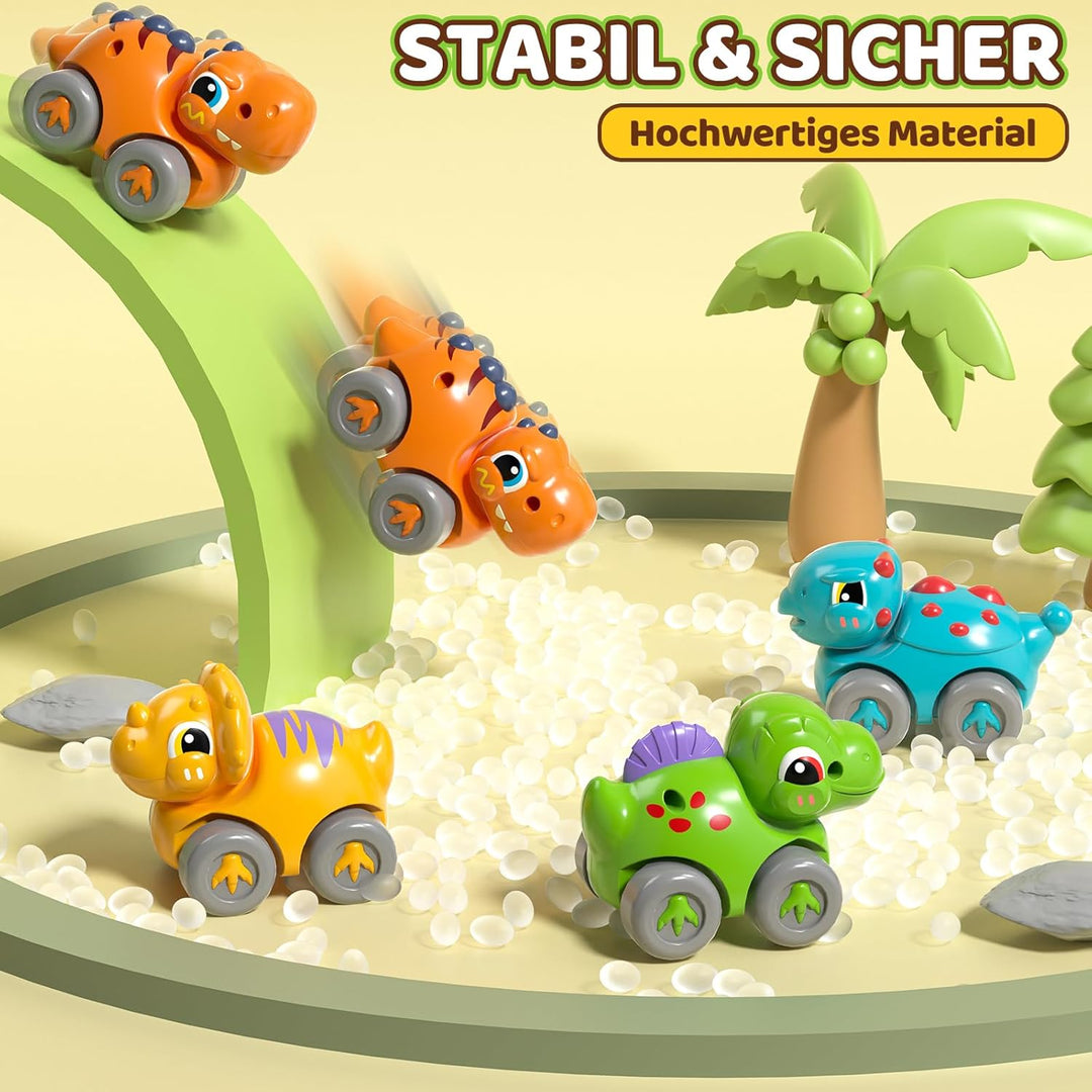Lehoo Castle Kinderspielzeug ab 1 Jahr, Geschenk für Jungen Mädchen | 4 Dinosaurier Autos mit Parkpl
