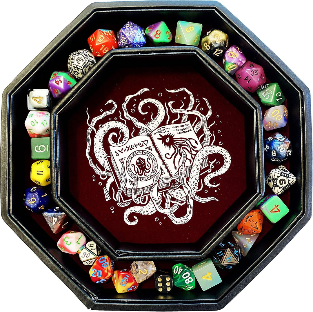 Fantasydice-Cthulhu Tome-RED- Dice Storage and Rolling Tray - 20CM Octagon with Lid and Dice Staging