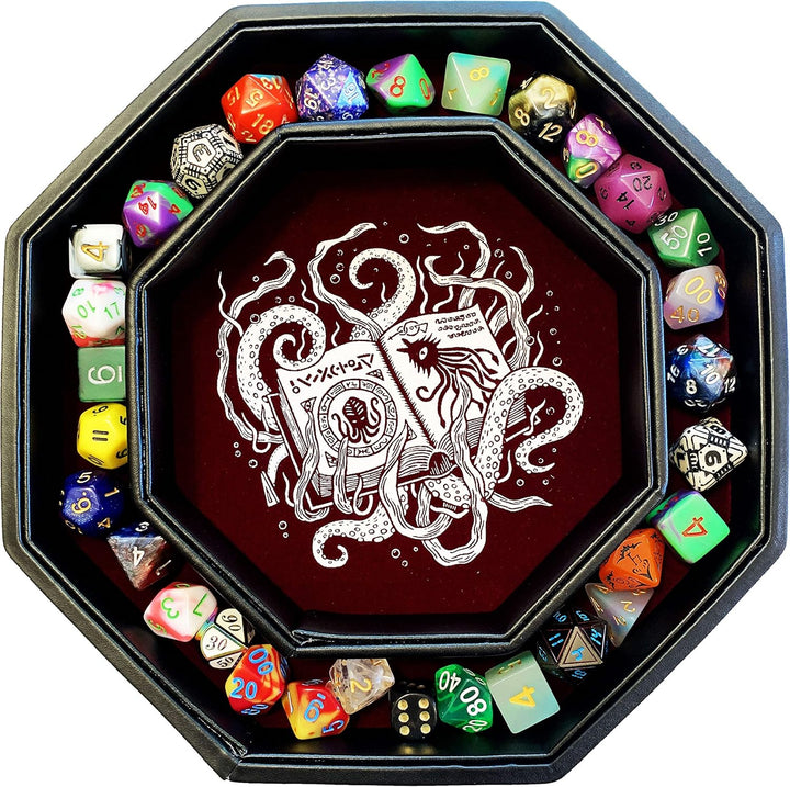 Fantasydice-Cthulhu Tome-RED- Dice Storage and Rolling Tray - 20CM Octagon with Lid and Dice Staging
