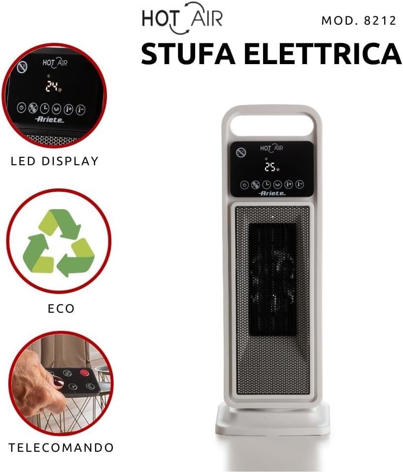 Ariete 8212 Elektrischer Turmheizer, 2000 W, Ventilationsfunktion, Oszillationsfunktion, Timer bis z