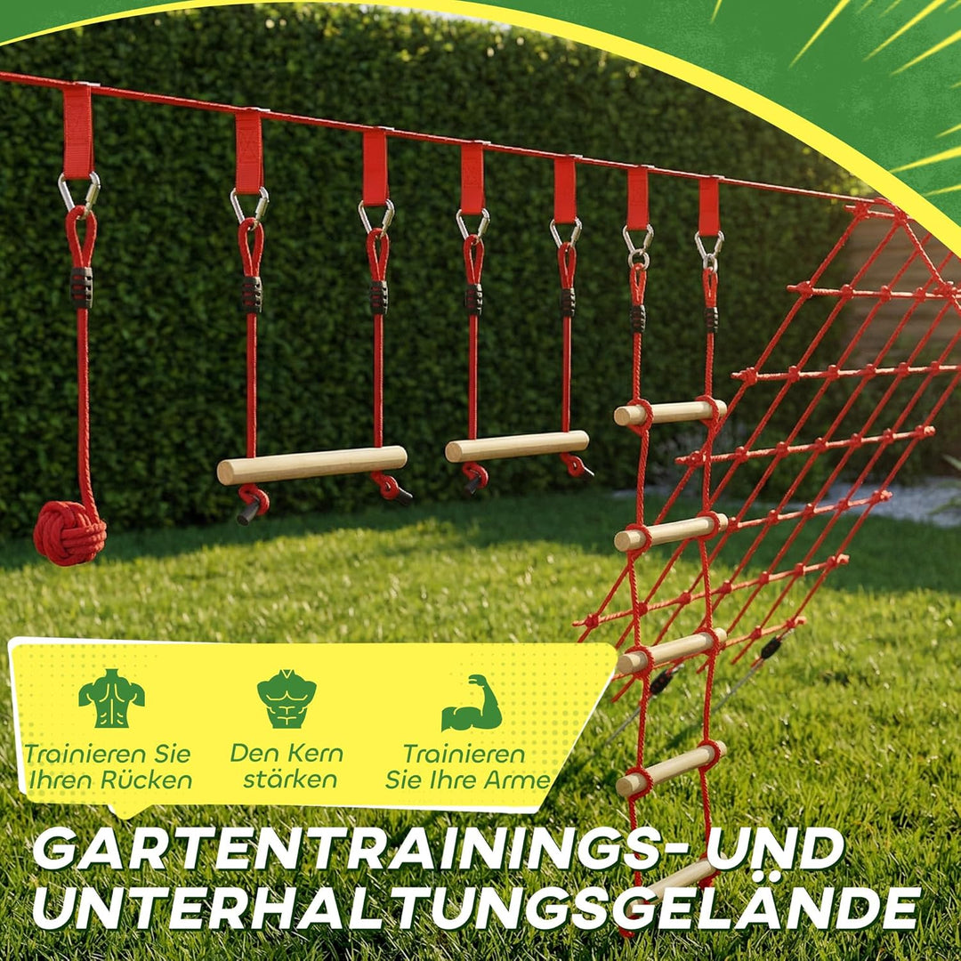 AIYAPLAY Ninja Line Kinder 10m Slackline Set mit Slackline, Turnringe, Schaukel, Kletterleiter, Klet